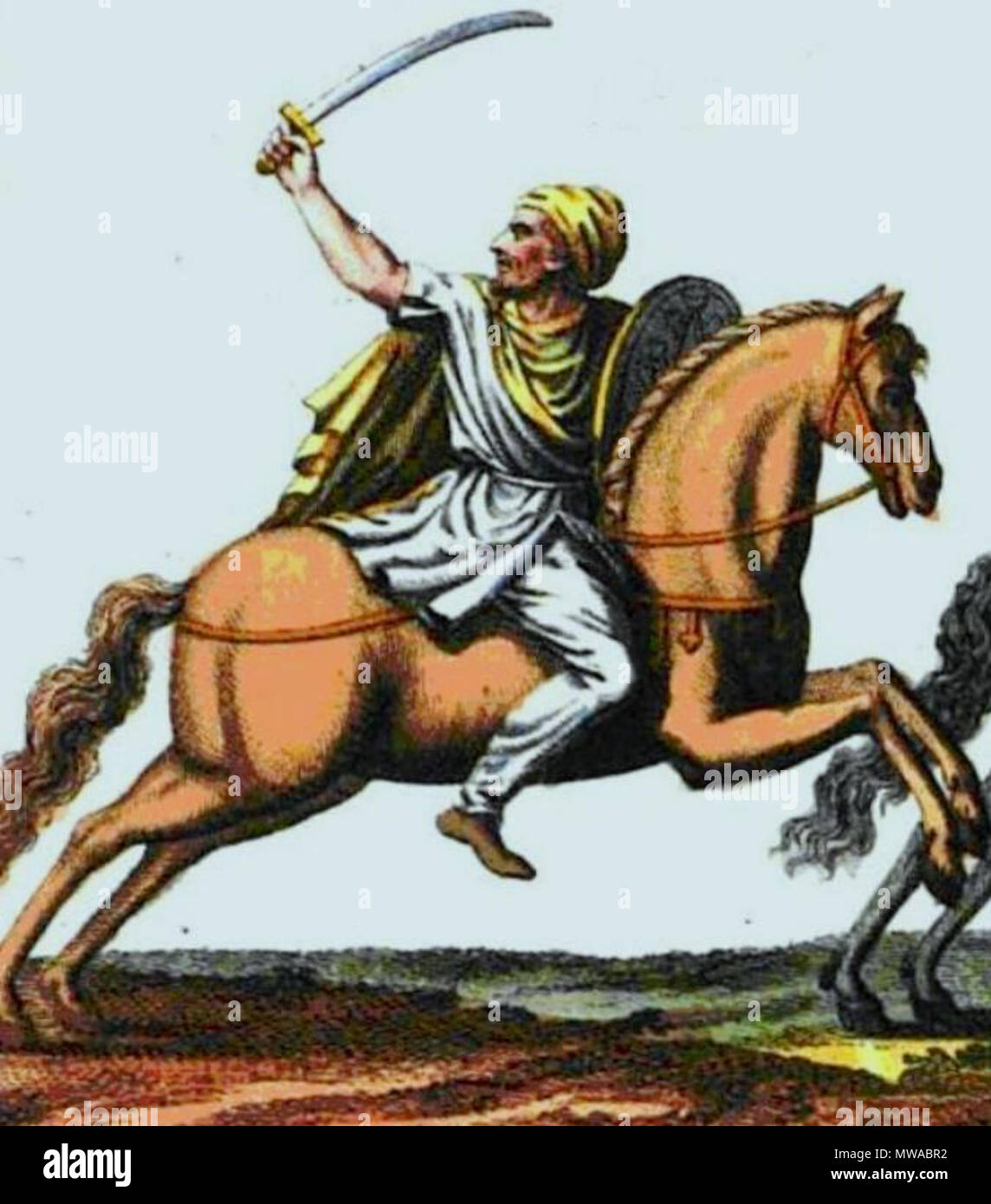 . English: Dacian costumes and usages. This image is of a Dacian warrior during the 1st and 2nd century Roman Empire campaigns in Dacia (ancient Romania) . 22 April 2011. Robert de Spallart - compiler Bertuch, F. J. (1747-1822) artist 150 Dacian warrior cf. Spallart Stock Photo