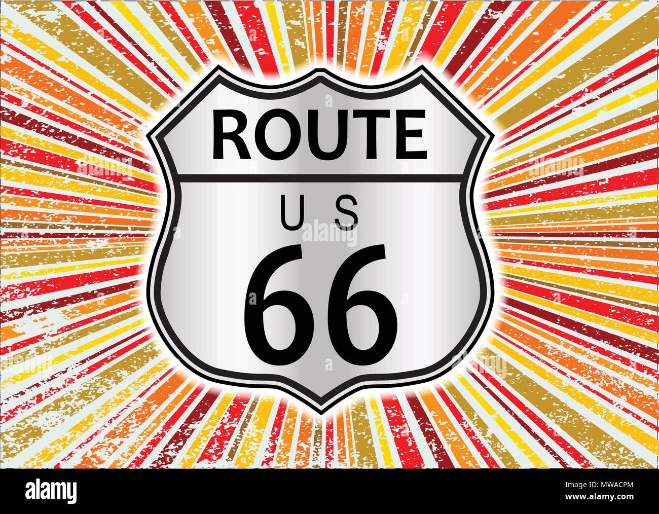 Route 66 highway sign set on an abstract and retro grunge backround design element in reds and oranges Stock Vector