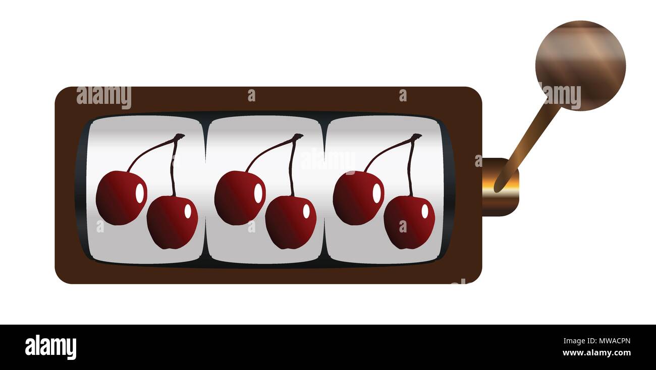 A typical cartoon style three cherries on a spin of a one armed bandit or fruit machine over a white background Stock Vector