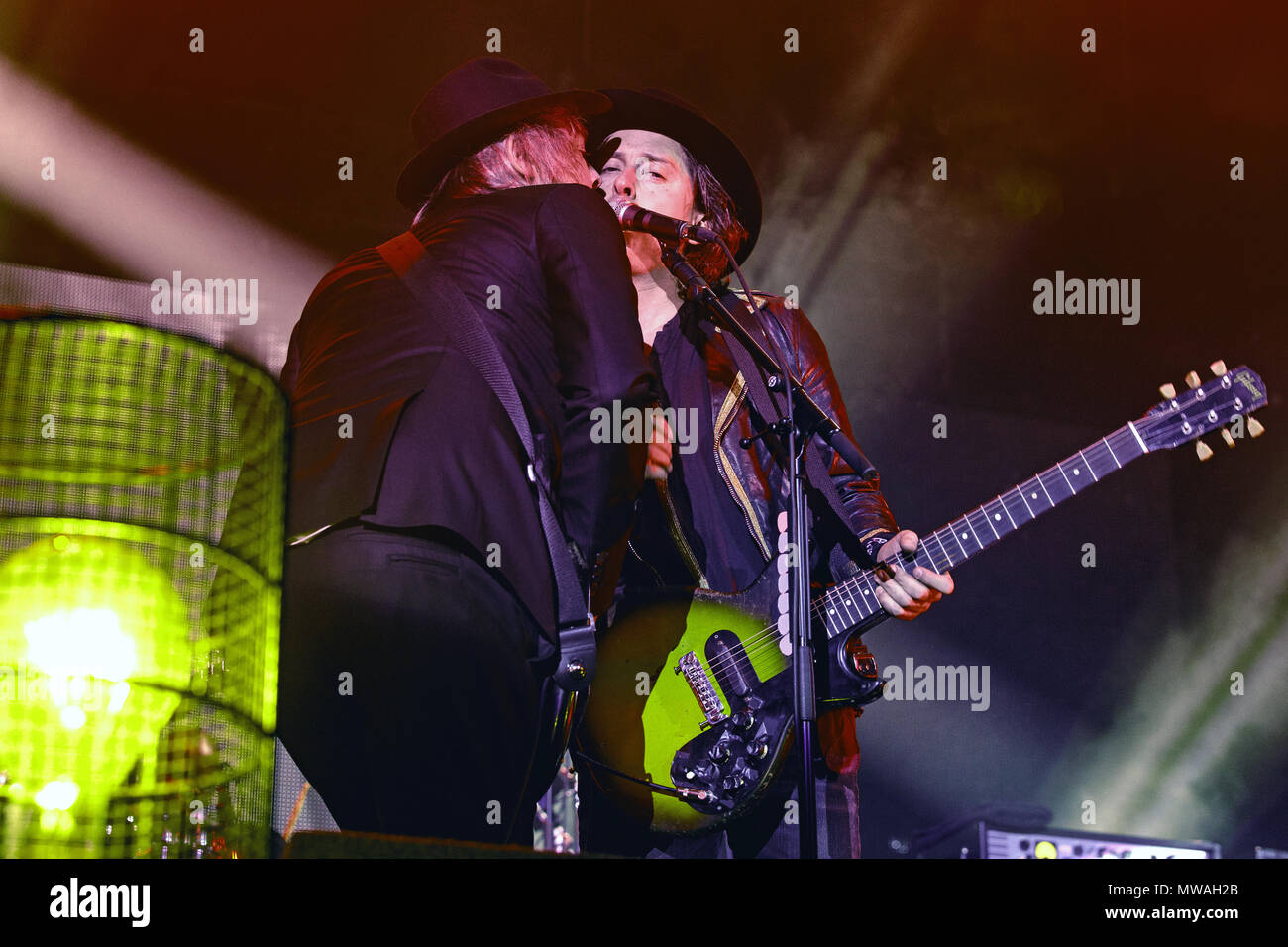 Pete Doherty and Carl Barât of The Libertines live onstage in Glasgow, Scotland in 2016. Peter Doherty and Carl Barat, The Libertines onstage. Stock Photo