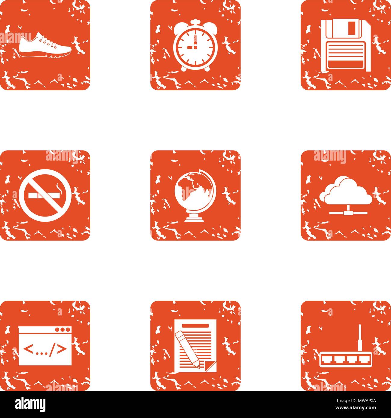 Coding icons set, grunge style Stock Vector