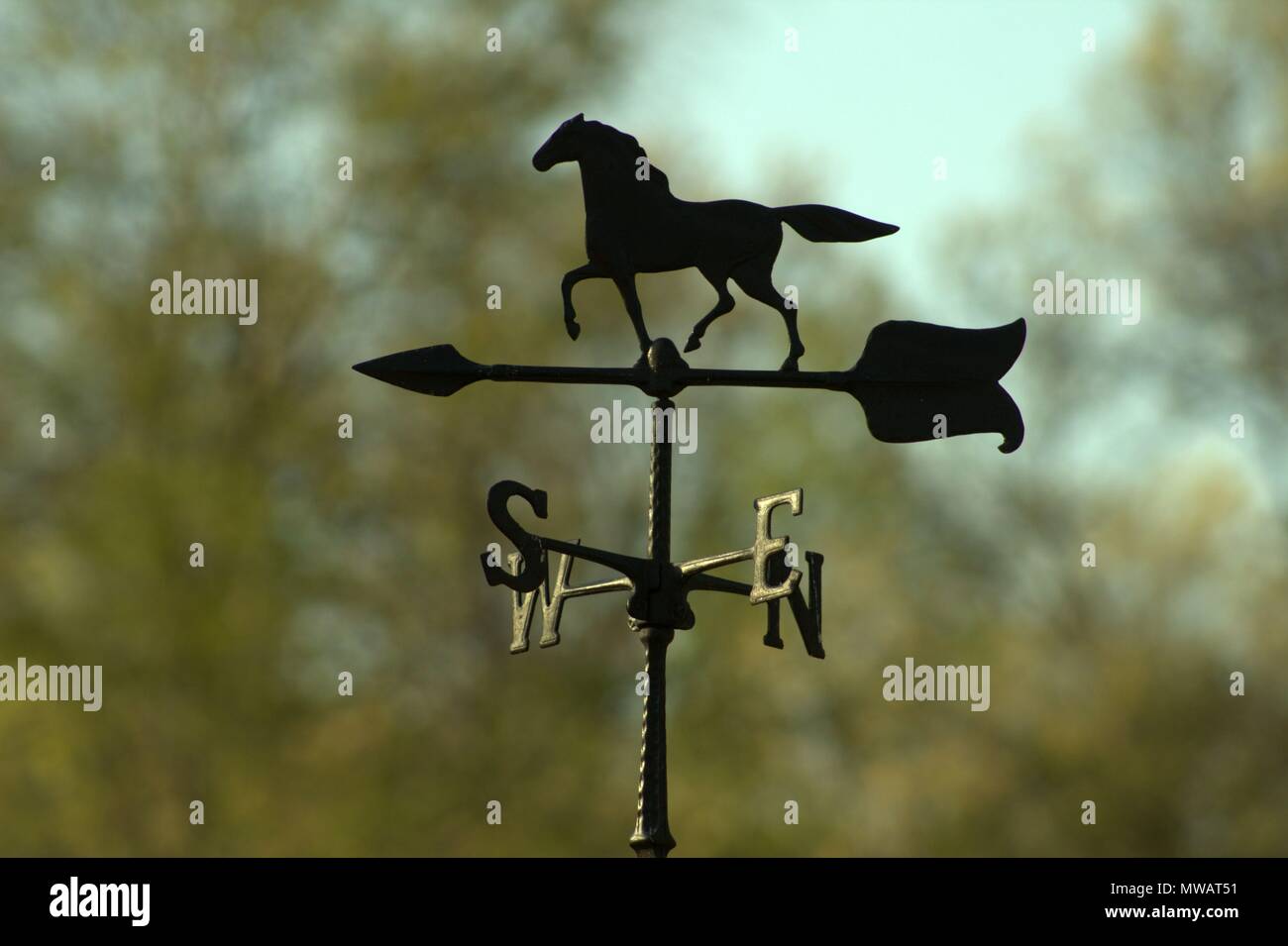 Old Wrought Iron Horse Weather Vane On A Spring Day Stock Photo