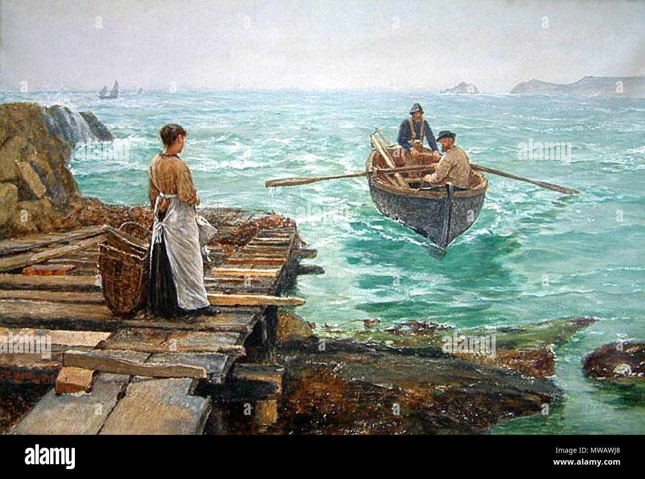 . Waiting . 1895.   Charles Napier Hemy  (1841–1917)    Alternative names Hemy  Description British painter British painter associated with the Newlyn School  Date of birth/death 24 May 1841 30 September 1917  Location of birth/death Newcastle upon Tyne Falmouth  Authority control  : Q1065621 VIAF: 11308905 ISNI: 0000 0000 6703 8258 ULAN: 500013011 LCCN: n85364258 GND: 174219679 WorldCat 123 Charles Napier Hemy - Waiting 1895 Stock Photo
