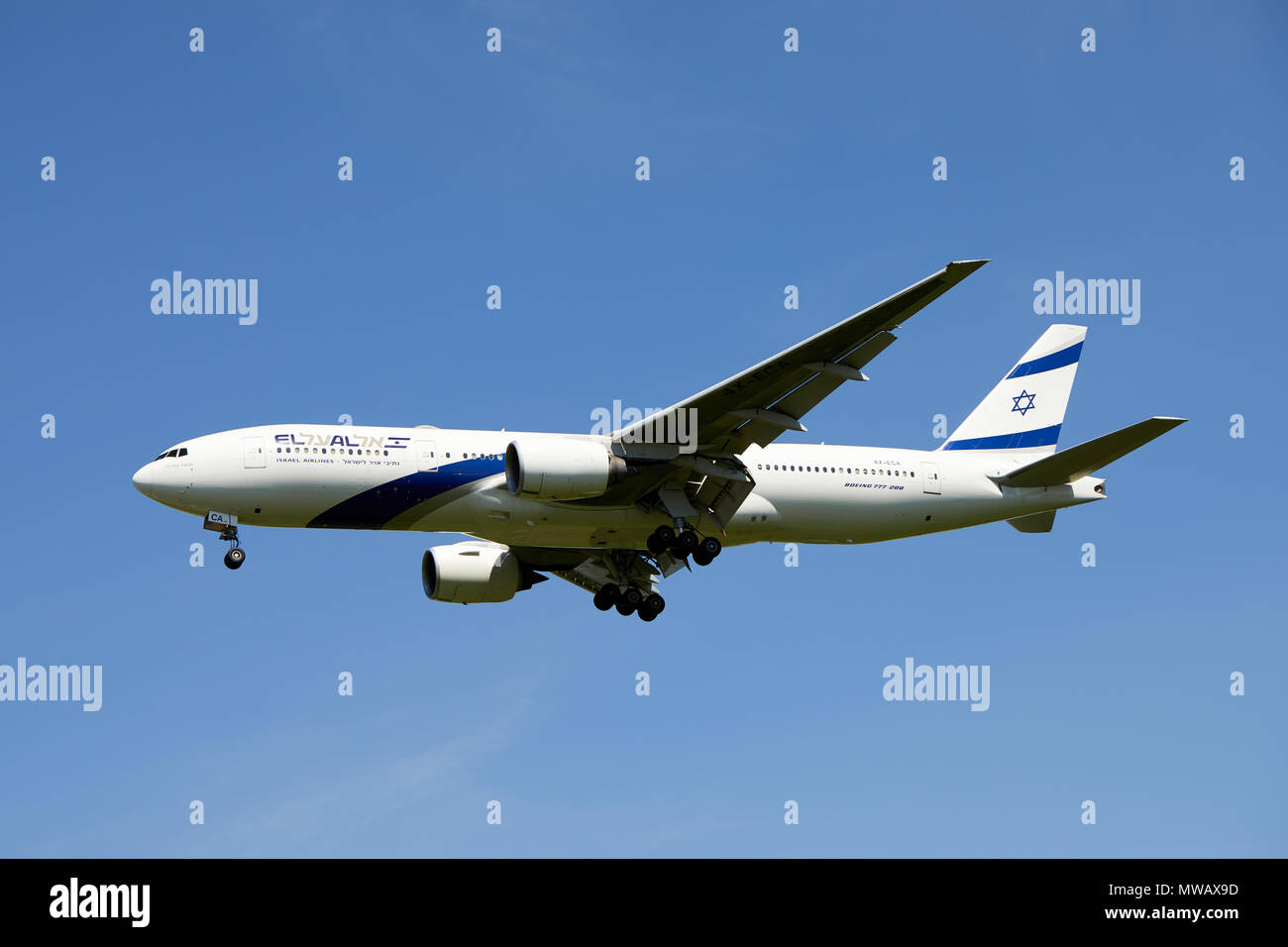 An El-Al Israel Airlines Boeing 777-200 aircraft, registration number 4X-ECA, as it approaches a landing. Stock Photo