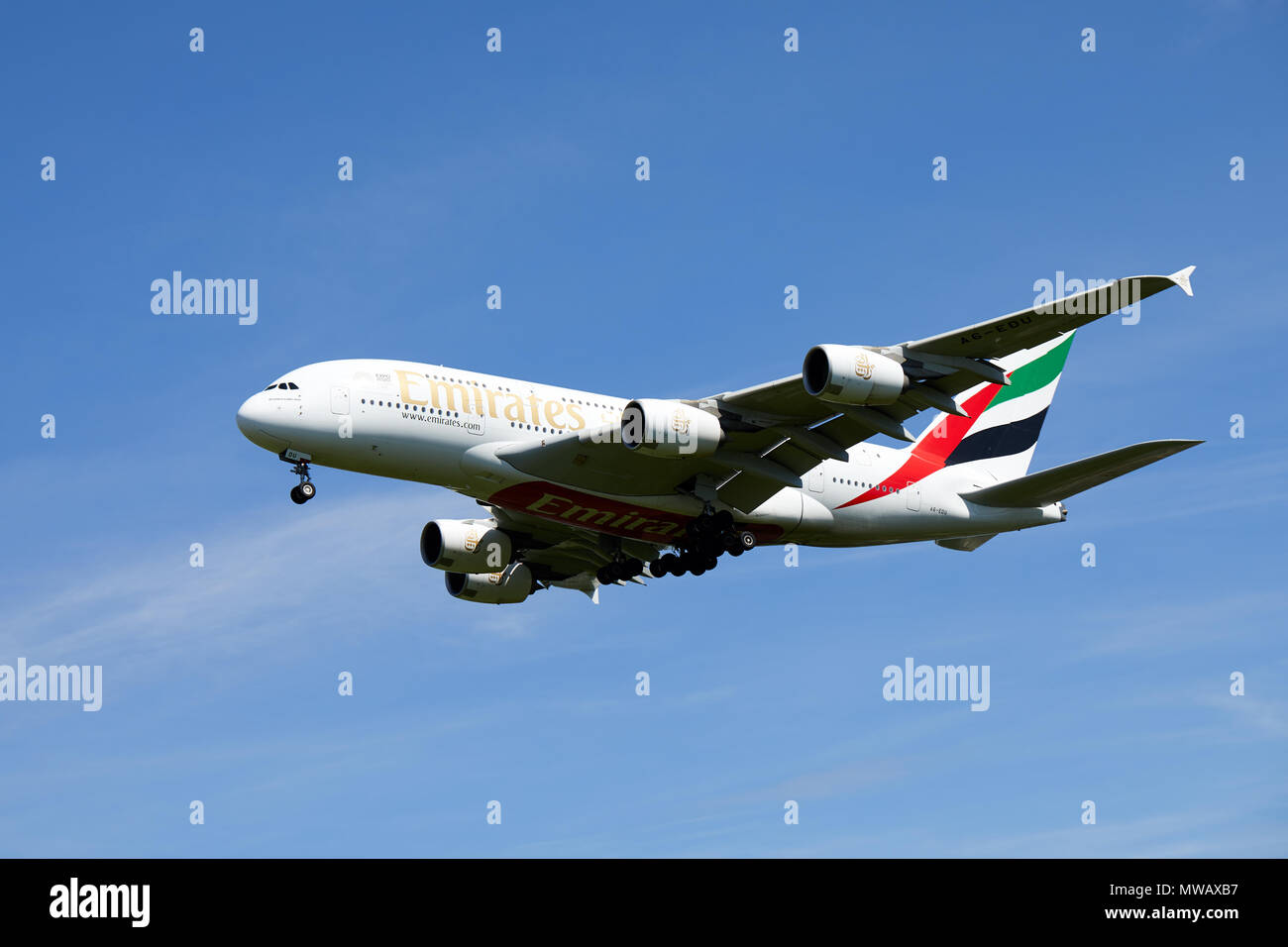 An Emirates airline Airbus A380-800 aircraft, registration number A6-EDU as it approaches a landing. Stock Photo