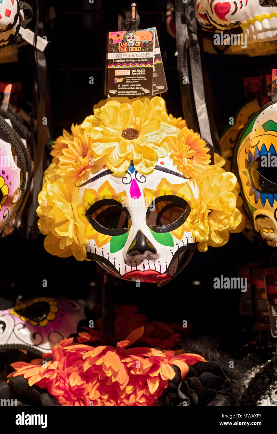 A Day of the Dead face mask for sale at a costume shop in Greenwich Village, Manhattan, New York City. Stock Photo