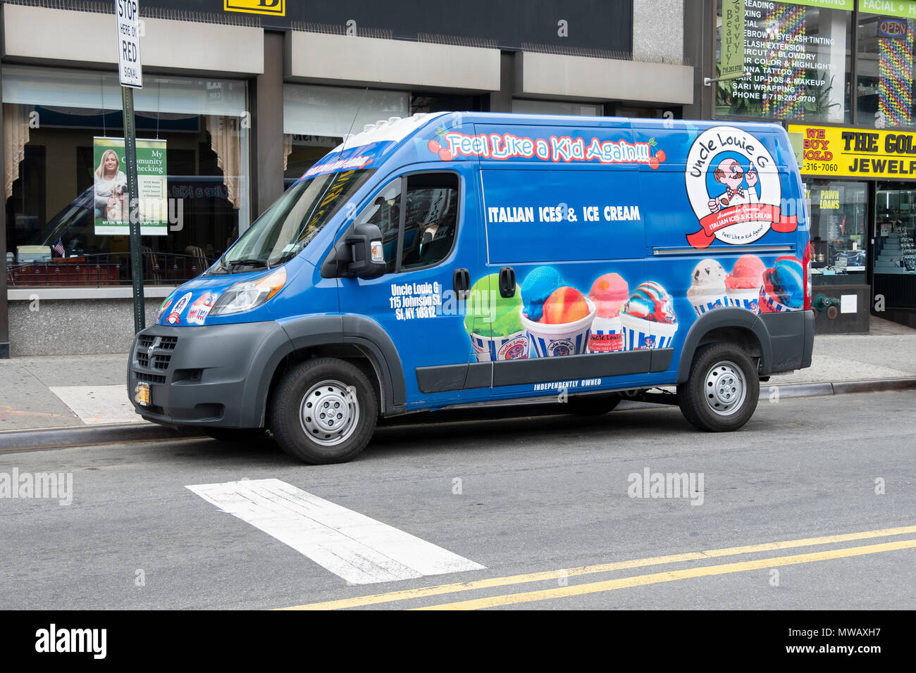 The UNCLE LOUIE G Italian ices & ice cream truck parked on Austin Street in Forest Hills, Queens, New York. Stock Photo
