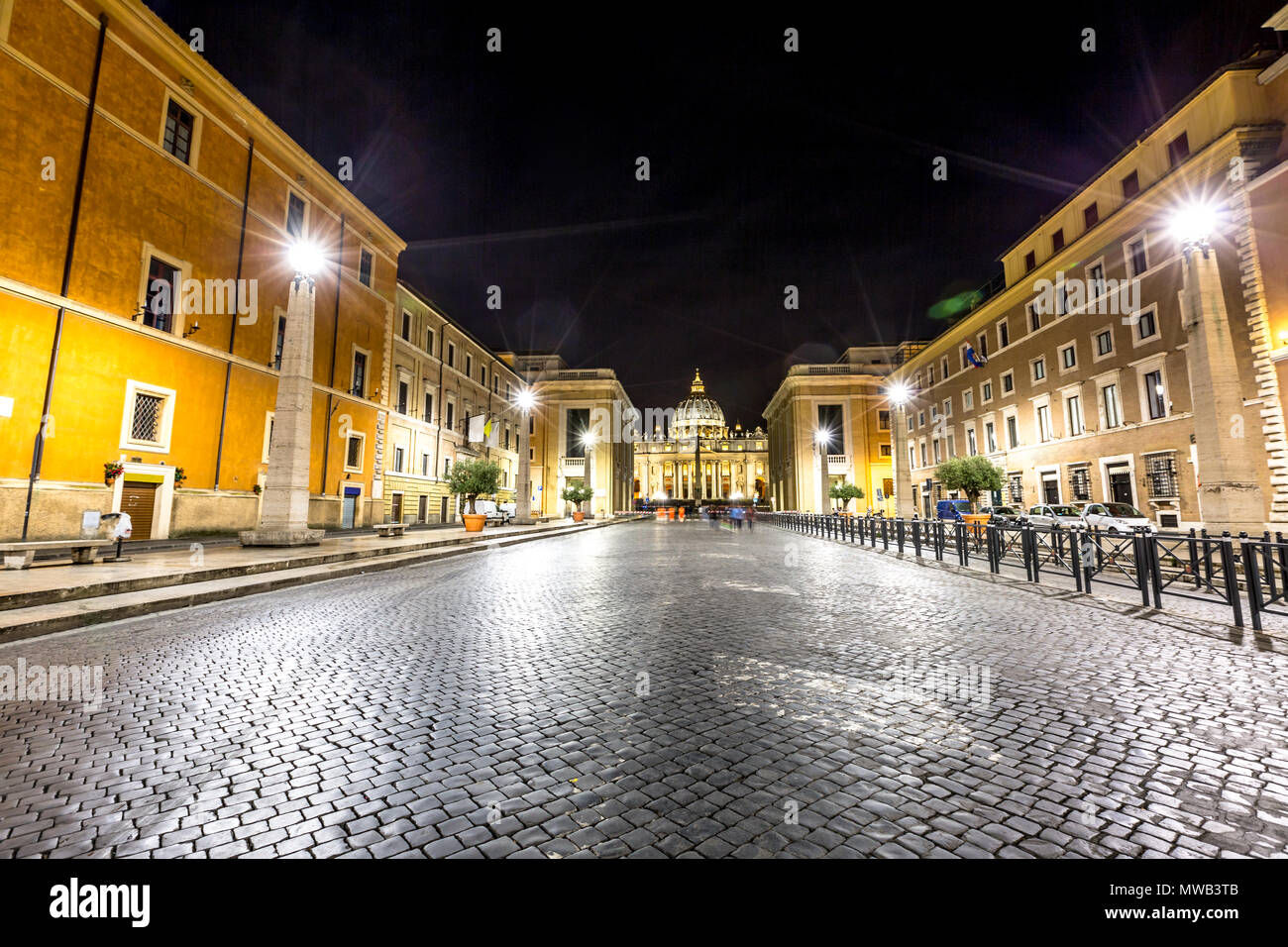 Rome, Italy - June 18, 2016: The Conciliazione Road to St. Peter square for from Pia square at night. Vatican City in Rome, Italy Stock Photo