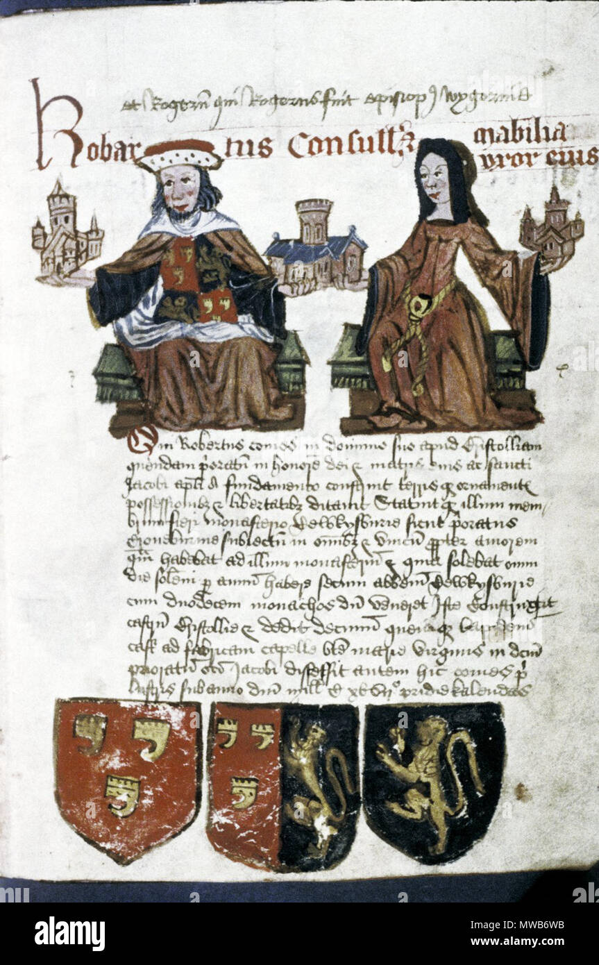 . English: Founders and Benefactors Book of Tewkesbury Abbey: Robert the Consul (illegitimate son of Henry I, and son-in-law of Fitzhamon, c. 1090-1147), created 1st Earl of Gloucester in 1122, and wife Mabilia, on green seats, supporting three models between them: Tewkesbury Abbey, Margam Abbey (Glam.) and St. James's Priory, Bristol. He wears a red bonnet trimmed with ermine and a mantle over his heraldic surcoat; she wears a ‘gable’- hood, a brown dress with wide sleeves, and a rope belt. Three shields below. circa 1525. Unknown 213 Founders Book of Tewkesbury Abbey, Frame 7 Stock Photo