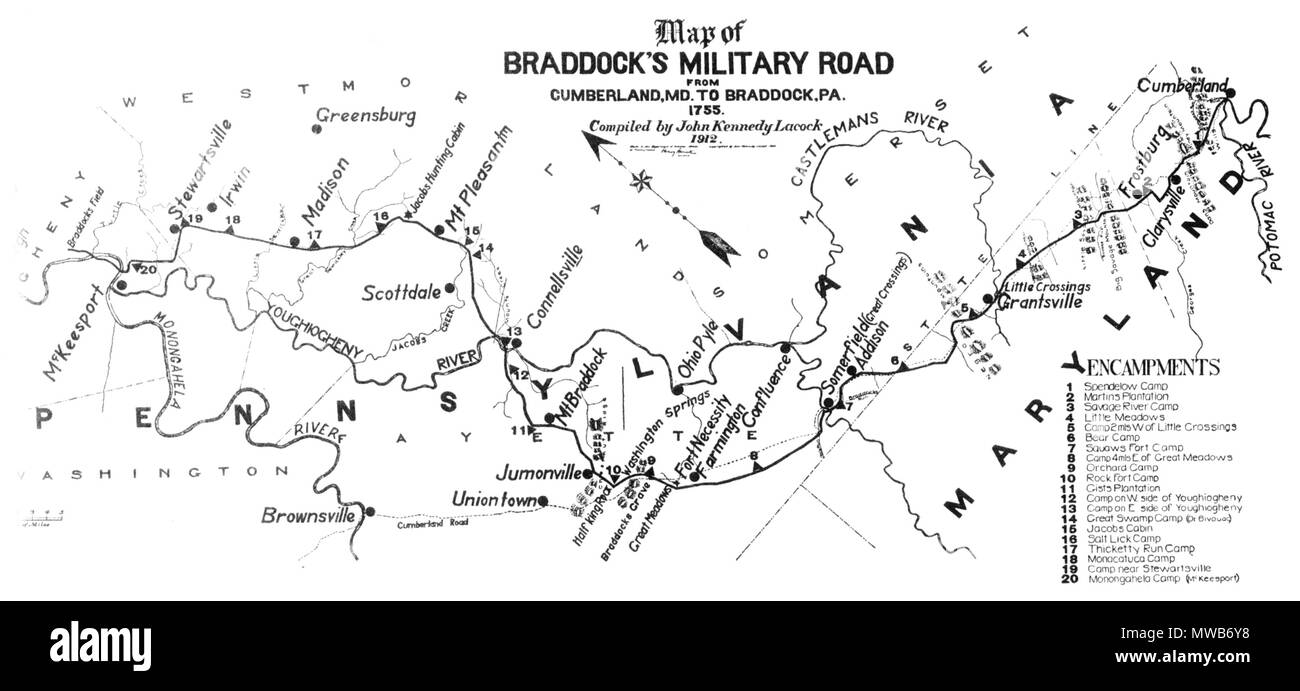 . Map of Braddock's Military Road from Cumberland to present-day Braddock, PA, 1755. Published 1912. John Kennedy Lacock 148 Cumberland md braddock road Stock Photo