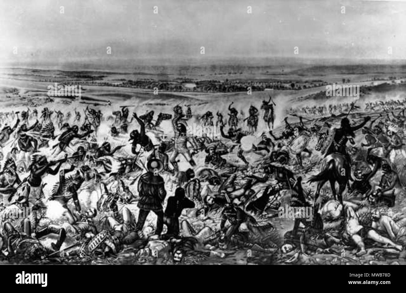 . Title: Custer's last stand Caption: Native American Lakota Sioux, Crow, Northern, and Cheyenne, defeat General Custer standing center, wearing buckskin, with few of his soldiers of the Seventh Cavalry still standing, Little Bighorn Battlefield, June 26, 1876 Little Bighorn River, Montana. Template:Denver Public Library public domain images . User Lordkinbote on en.wikipedia 148 Custer's last stand painting Stock Photo