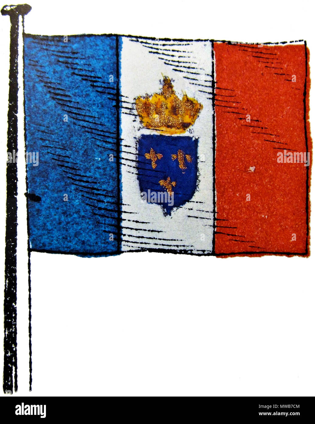 . English: A proposed flag of France, possible design by Henri d'Artois, comte de Chambord. This flag appears twice in a book that belonged to the Count of Chambord, which is now in the library of the Flag Research Center, Winchester, Massachusetts. The Tricolors are modified, perhaps by the count's own hand, as a compromise with the tricolore and the royal fleur-de-lis combined. 19th century. Count of Chambord (?) 214 France flag - Royalist design Stock Photo