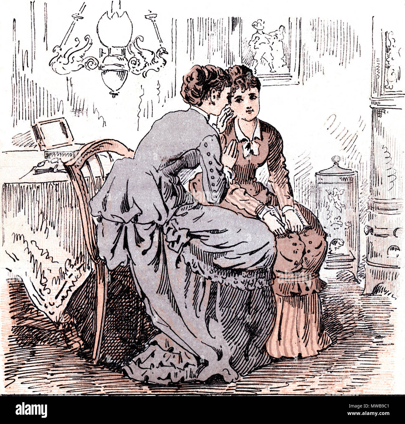 English: Cartoon about women discussing slightly 'racy' novel: Forbidden fruit tastes best. - It's surely never 'Marie Group'? - No - For the final you must not read. I was very English: Cartoon about women discussing slightly 'racy' novel: Forbidden fruit tastes best. - It's surely never 'Marie Group'? - No - For the final you must not read. I was very