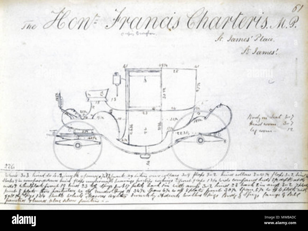 . Francis Charteris' carriage, c 1810-1873 Plate from 'Woodall's Coach Designs', produced between 1810 and 1873, showing a design for a four-wheeled carriage produced for Francis Charteris. 'Woodall's Coach Designs' is a bound volume containing draughtsman's drawings for Woodall the coachmaker of London. 19th century. Unattributed 215 Francis Charteris' carriage, c 1810-1873 Stock Photo