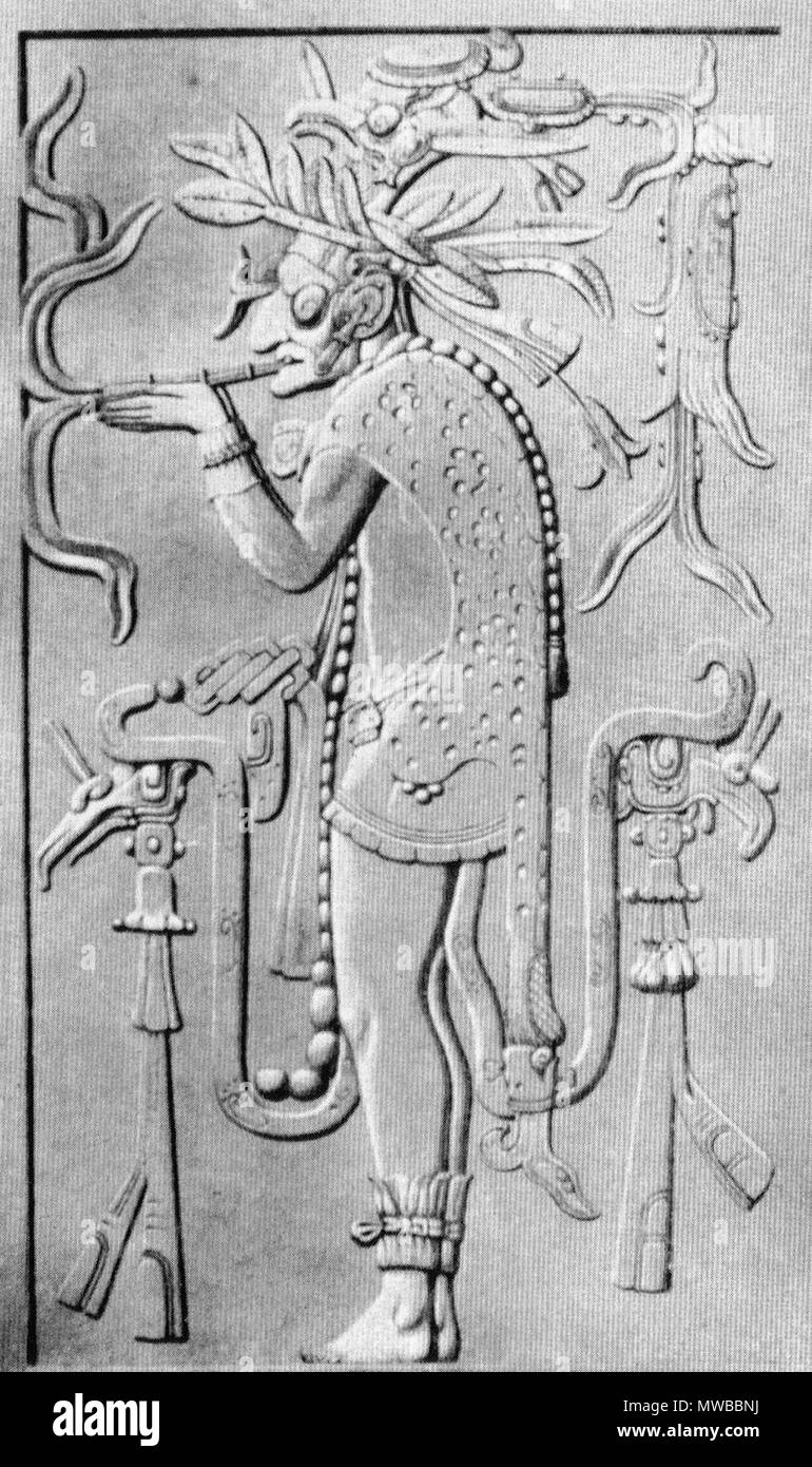 . Reproduction of a Maya priest smoking from the Temple at Palenque, Mexico. early or mid 19th century rendering of Classic Era Maya artwork. Information needed 409 Mayan priest smoking Stock Photo