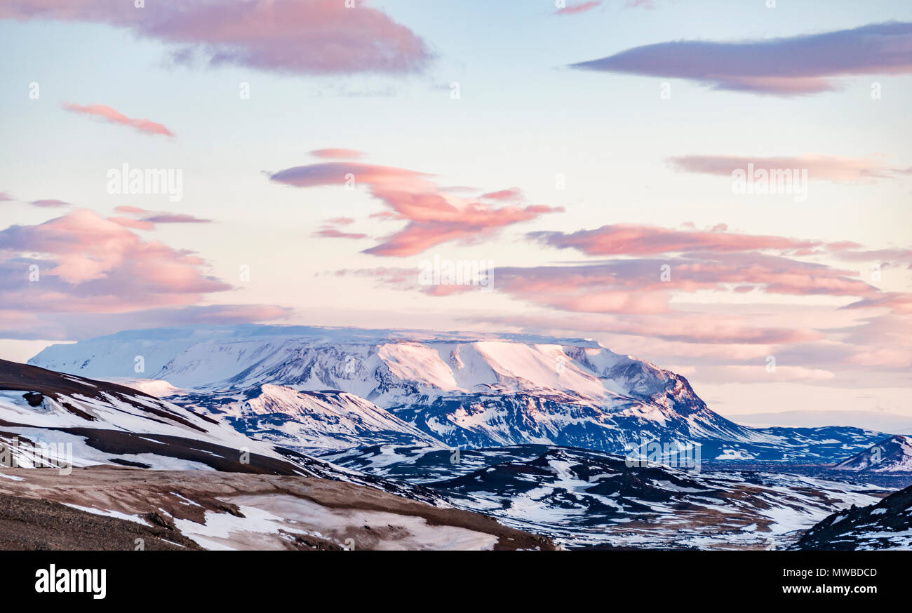 Evening atmosphere, snow-covered volcanic landscape, Icelandic Highland, near Mývatn, Krafla Volcano, North Iceland Stock Photo