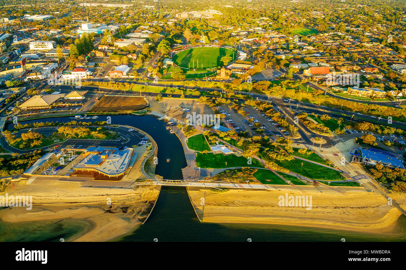 Aerial view of waterfront suburbian area on Mornington Peninsula at sunset. Melbourne, Australia Stock Photo
