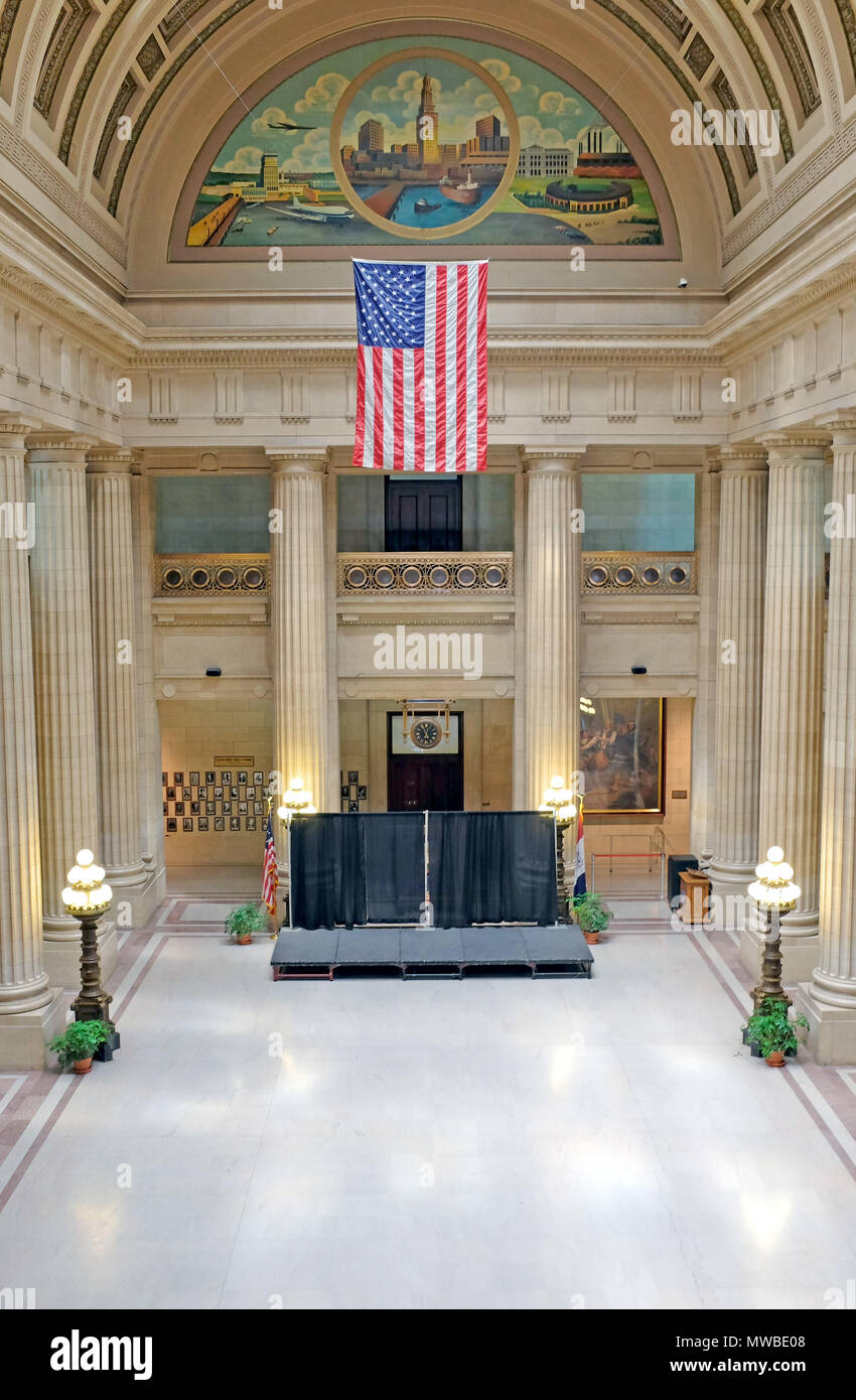 The ornate and grand Cleveland City Hall rotunda, built in 1916 and designed by J. Milton Dyer, is part of the historic landmark in Cleveland, Ohio. Stock Photo