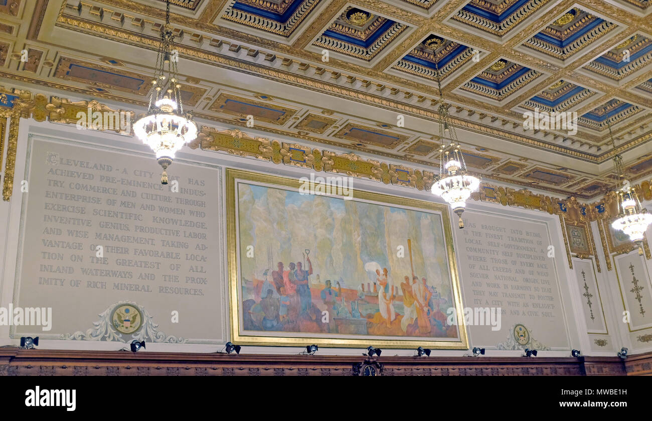 The two-story high Cleveland City Council Chambers in the City Hall of Cleveland, Ohio is adorned with 'Where Men and Minerals Meet' by Ivor Johns. Stock Photo