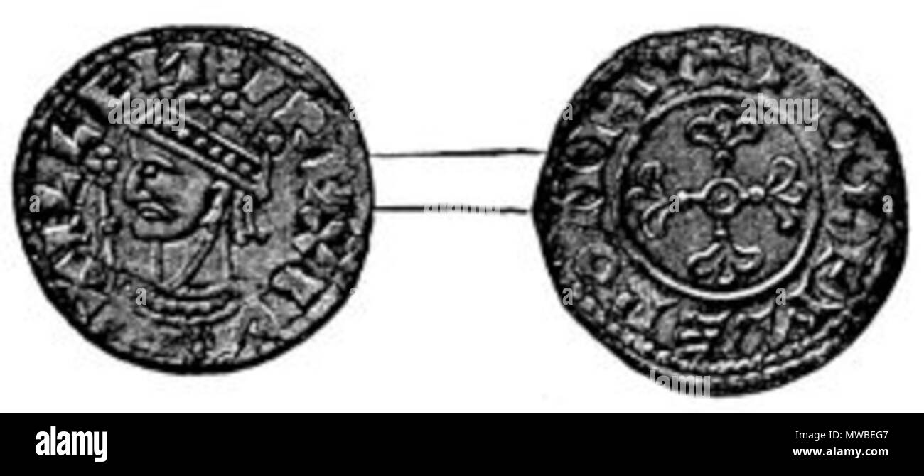 . English: A silver penny of William the Conqueror, struck at Romney . 1915. HISTORY OF ENGLAND by SAMUEL R. GARDINER 165 Dobyvatelpenny Stock Photo