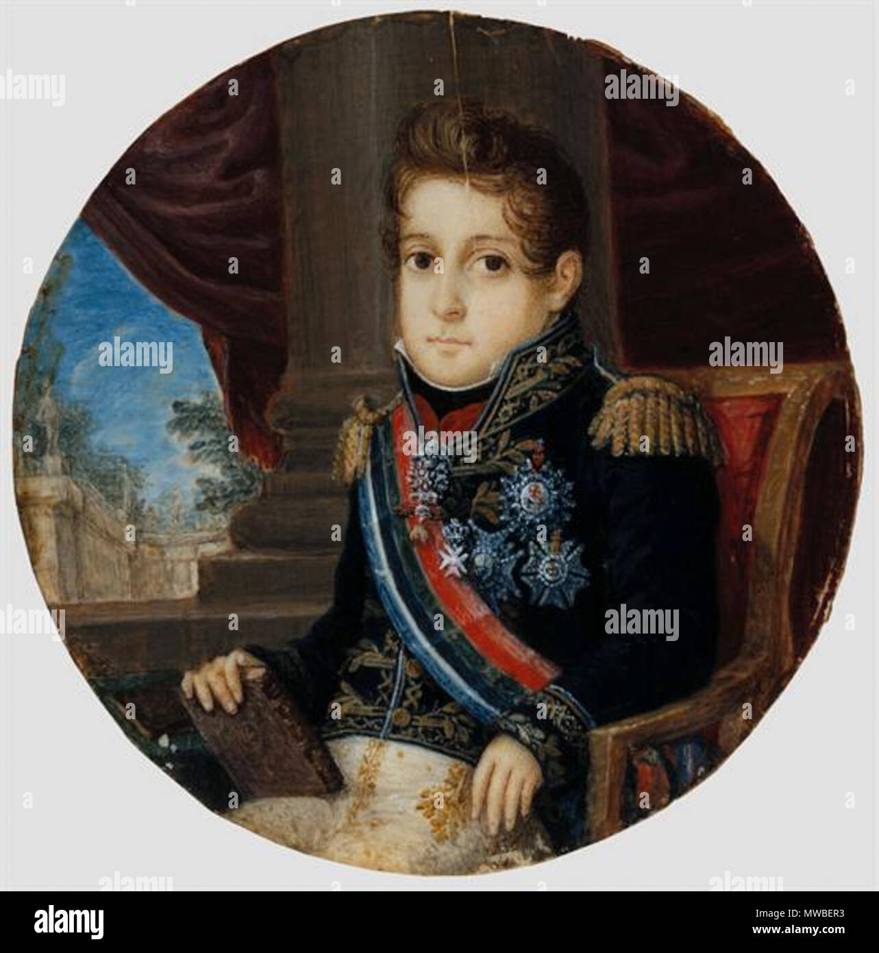 . English: Emperor Dom Pedro I of Brazil (and King Dom Pedro IV of Portugal) around age 11, c.1809. This a later portrait of him, since he is wearing an uniform from the time he was emperor (when he was a child the uniforms were red, not blue). It is located in the Museu Nacional de Arte Antiga. circa 1809. Unknown (18??-18??) 166 Dom Pedro I 1809d Stock Photo