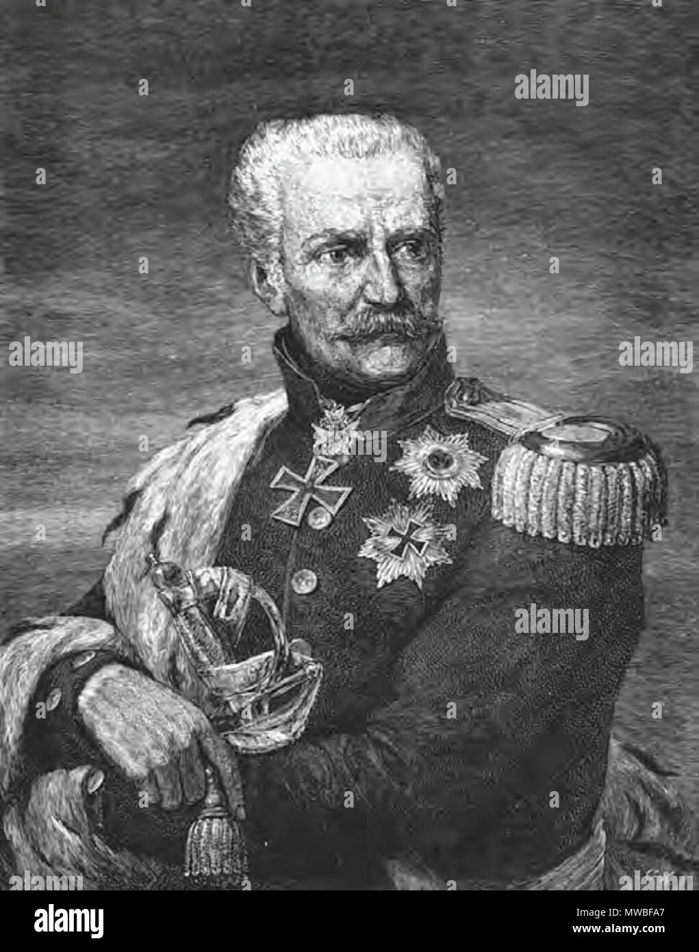 . English: Marshal Gebhard von Blücher, the tireless commander in chief of Prussian forces in the campaigns of 1813–1815. 1906. Unknown 235 Gebhard Leberecht von Blucher Stock Photo