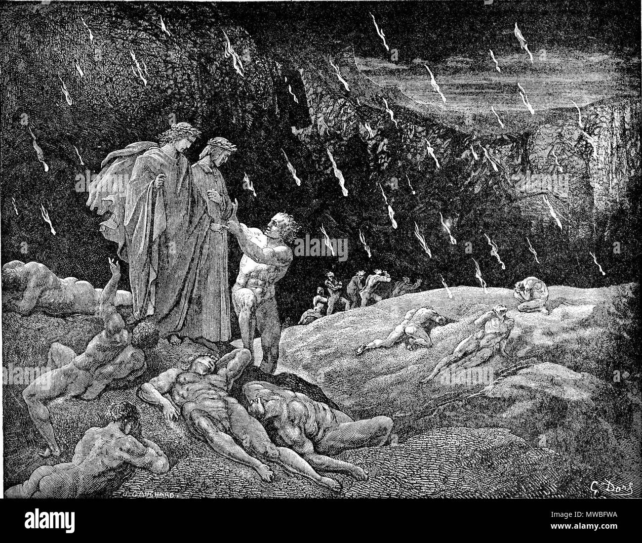 . High resolution scan of engraving by Gustave Doré illustrating Canto XV of Divine Comedy, Inferno, by Dante Alighieri. Caption: Brunetto Latini accosts Dante . 30 January 2008. scanned, post-processed, and uploaded by Karl Hahn 174 DVinfernoBrunettoLatiniAccostsDante m Stock Photo