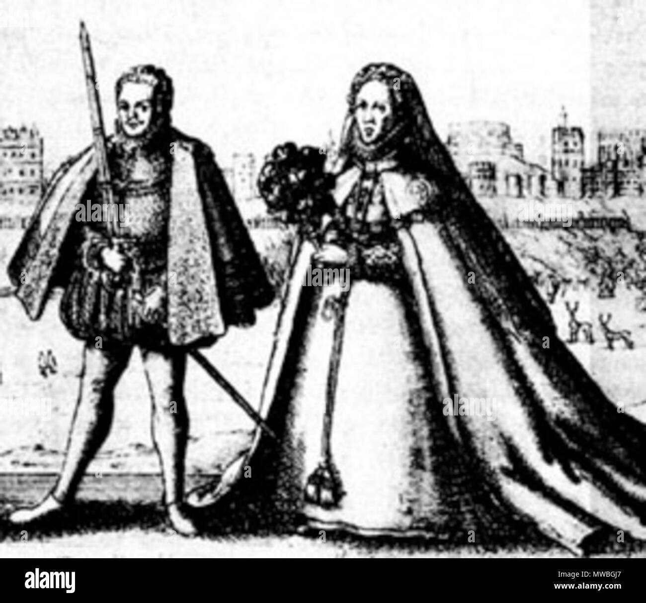 . English: Earl of Hertford (mistakenly identified as the 17th earl of Oxford on p. 190 of The de Veres of Castle Hedingham (1993) by Verily Anderson) and Queen Elizabeth I in the 1576 Procession of the Knights of the Garter. Detail of larger print. 26 May 2012. Wenceslaus (Wenzel) Hollar after Marcus Gheeraerts the Elder 175 Earl of Hertford and Queen Elizabeth I Stock Photo