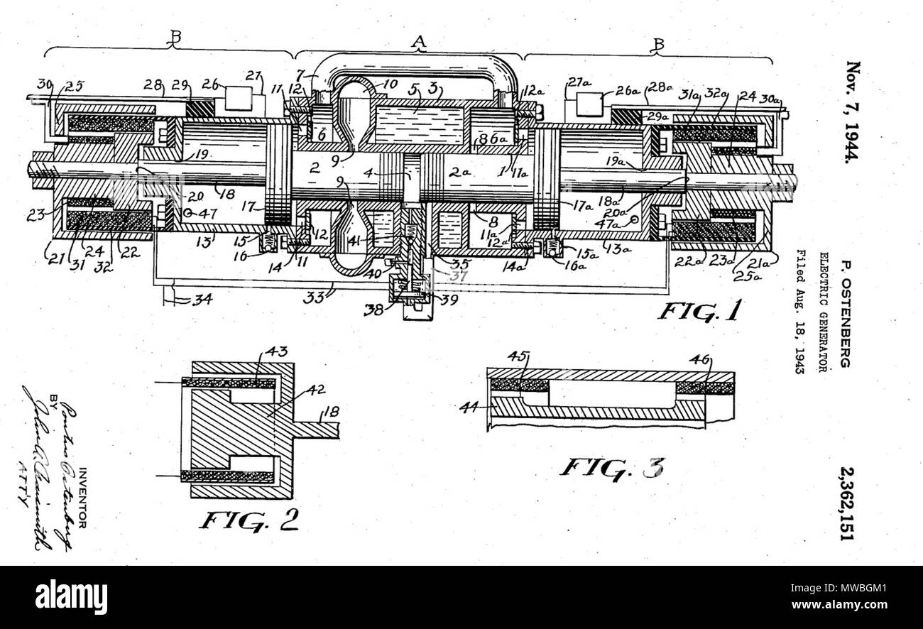 . English: Patent of a free-piston linear generator concept from 1943 . 18 August 1942. P. Ostenberg 175 Early FPLG design - 1943 Pontus Ostenberg, USA Stock Photo