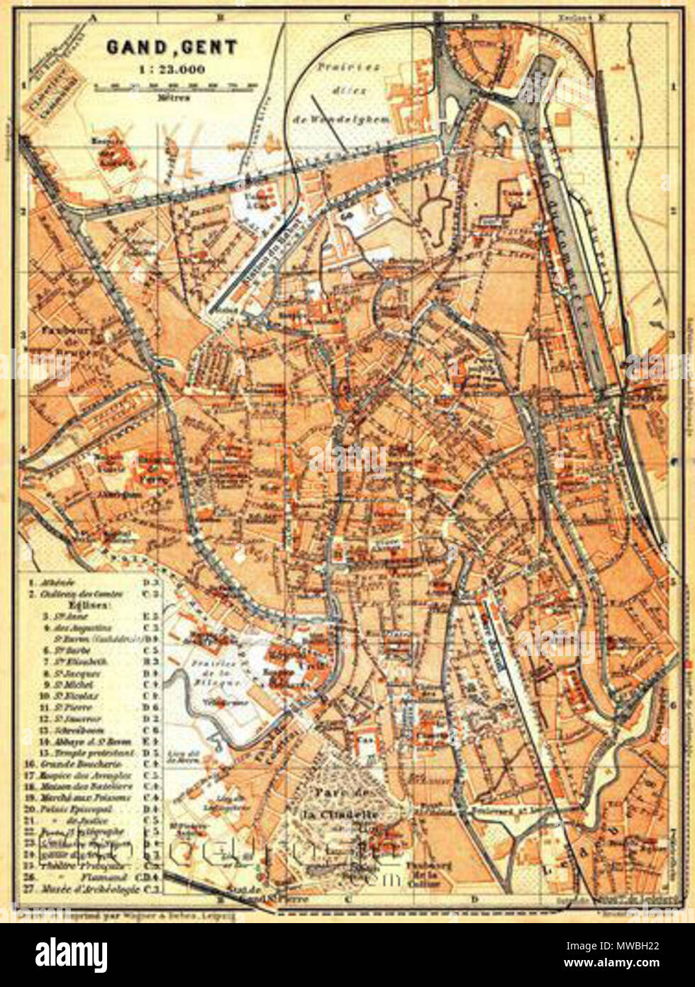 . English: Map of Ghent, 1904 . 1904. Wagner & Debes 243 Ghent, map 1904 Stock Photo