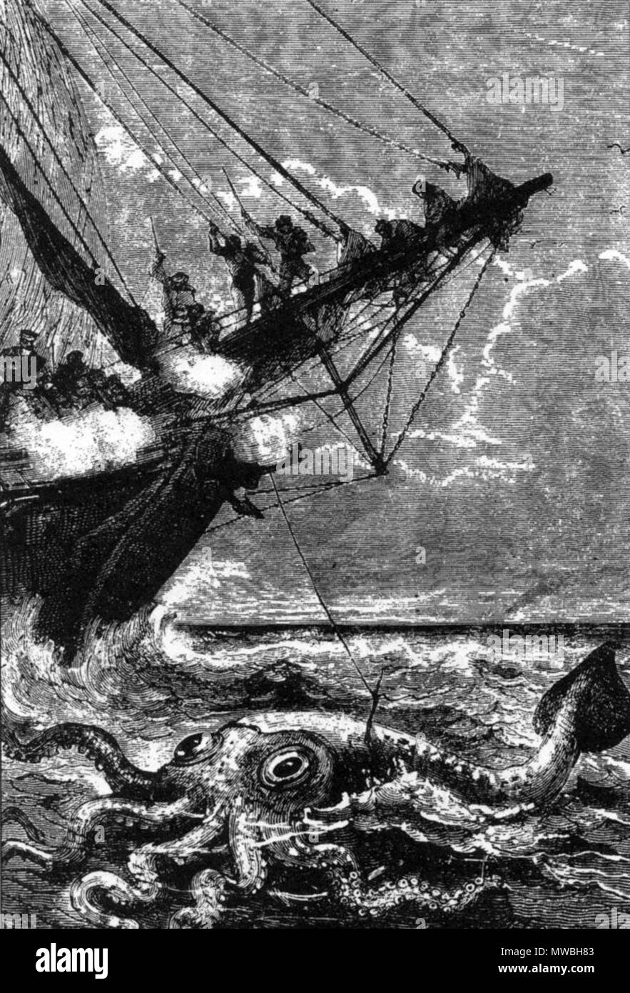 . Illustration of a giant squid from 20000 Lieues Sous les Mers by Jules Verne. 1870. Alphonse de Neuville and Edouard Riou 243 Giant squid twenty thousand leagues under the sea Stock Photo