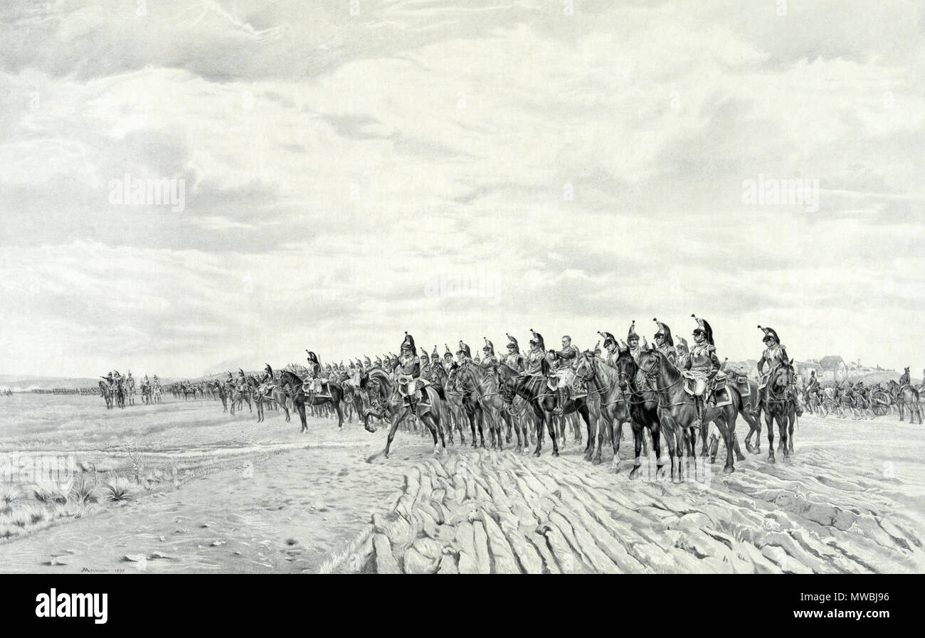 .  English: 1805 Napoleon at Austerlitz. Print showing long line of French cavalry with artillery moving behind them at Austerlitz. Includes remarque of Napoleon, half-length portrait, facing slightly right. . circa 1894  6 1805 Napoleon at Austerlitz Stock Photo