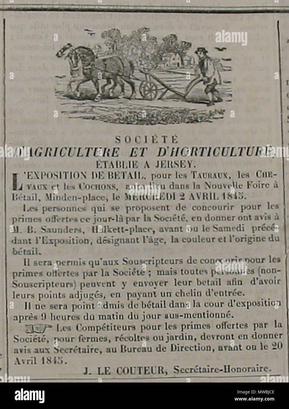 . Advertisement for Royal Jersey Agricultural and Horticultural Society agricultural show from newspaper Le Constitutionnel 29 March 1845 . 11 February 2007. Man vyi 530 Royal Jersey Agricultural and Horticultural Society 2 Avril 1845 Stock Photo