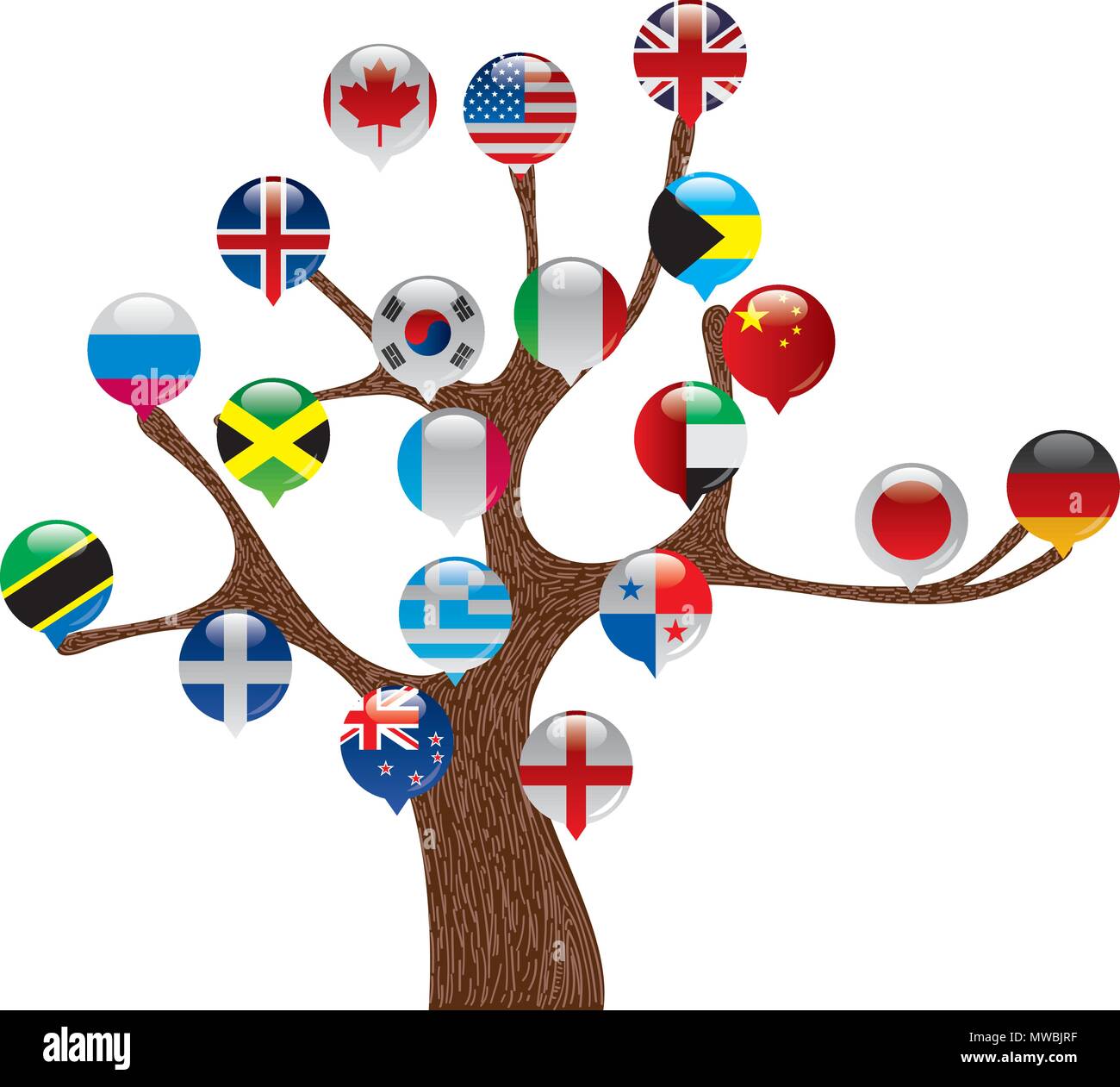 National flag design, speech bubble set, hanging on a branch. Stock Vector