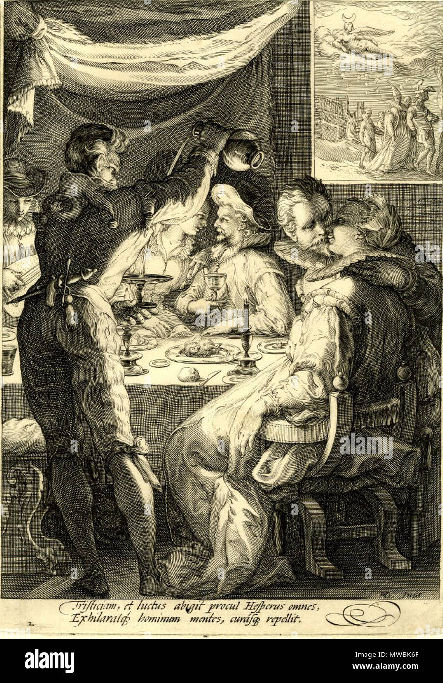 . English: Four times of day, plate 2: Evening. Engraving by Jan Saenredam after Hendrik Goltzius. A banquet scene with two couples sitting around a table accompanied by a lute player, the plates of food and guests are illuminated by a candle, a jester seen from behind and standing before the table pouring wine into a drinking vessel, a bearded gentleman kissing his companion at right; first state before publisher's address. circa 1595. Jan Saenredam after Hendrik Goltzius 249 Goltzius Saenredam Evening Stock Photo