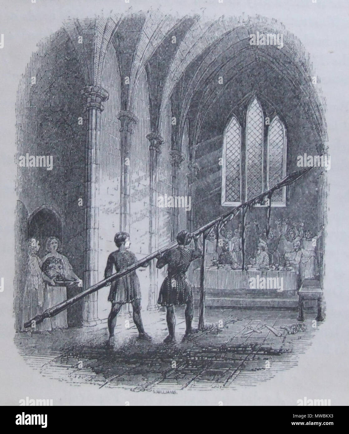 . An image of Peredur being hosted by his second uncle while a bloody spear and severed head carried on a silver salver are paraded through the hall. Taken from the 1902 edition of The Mabinogion edited by Owen Morgan Edwards, from the original translation by Charlotte Guest. 1902 or prior. S. Williams 384 Mabinogion - Peredur and the bloody spear Stock Photo