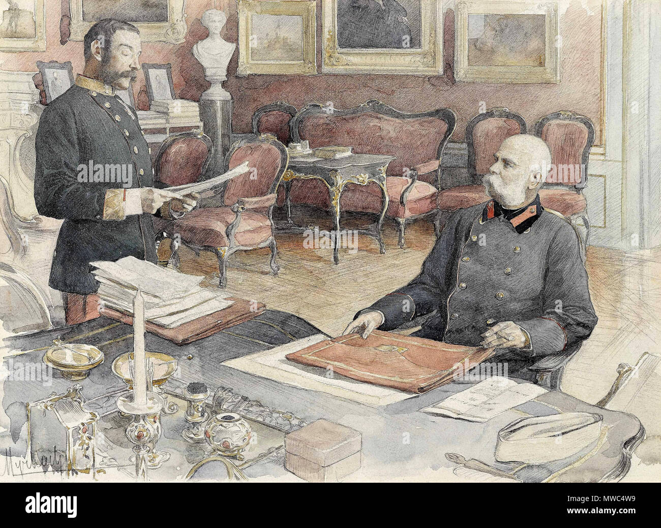 204 Felician von Myrbach-Rheinfeld - Kaiser Franz Joseph I. von Österreich an seinem Schreibtisch in der Wiener Hofburg Stock Photo
