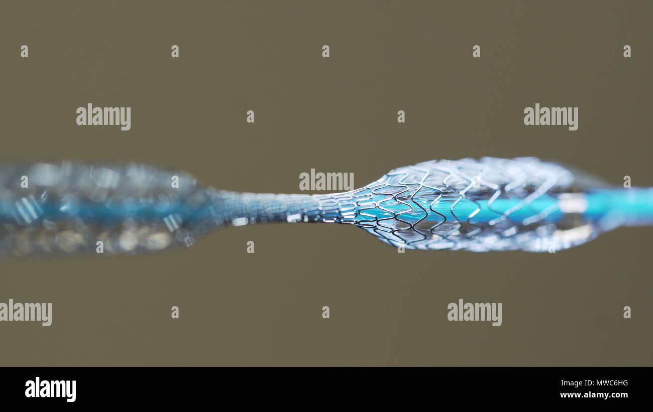 Test of a medical stent. Mesh metal nitinol selfexpandable stent for