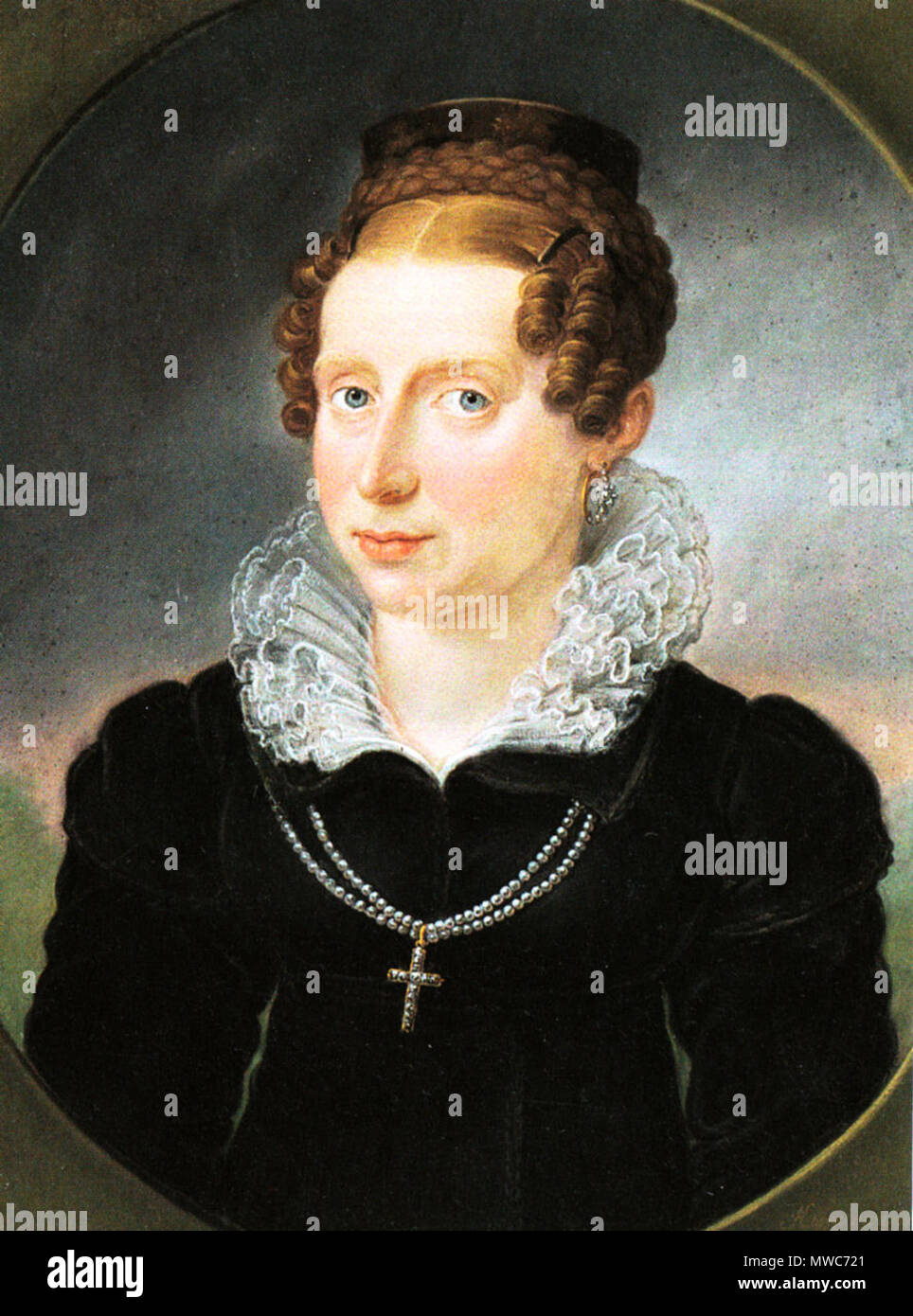 .  Deutsch: Franziska Spitzweg .  English: Portrait of the mother of Carl Spitzweg. Deutsch: Porträt der Mutter von Karl Spitzweg. Sie war zu Zeitpunkt der Entstehung des Bildes bereits 2 Jahre tot, was durch Aufbahrungskragen und Kreuzkette angezeigt wird. . 1820  218 Franz Ludwig Hirschmann - Franziska Spitzweg Stock Photo