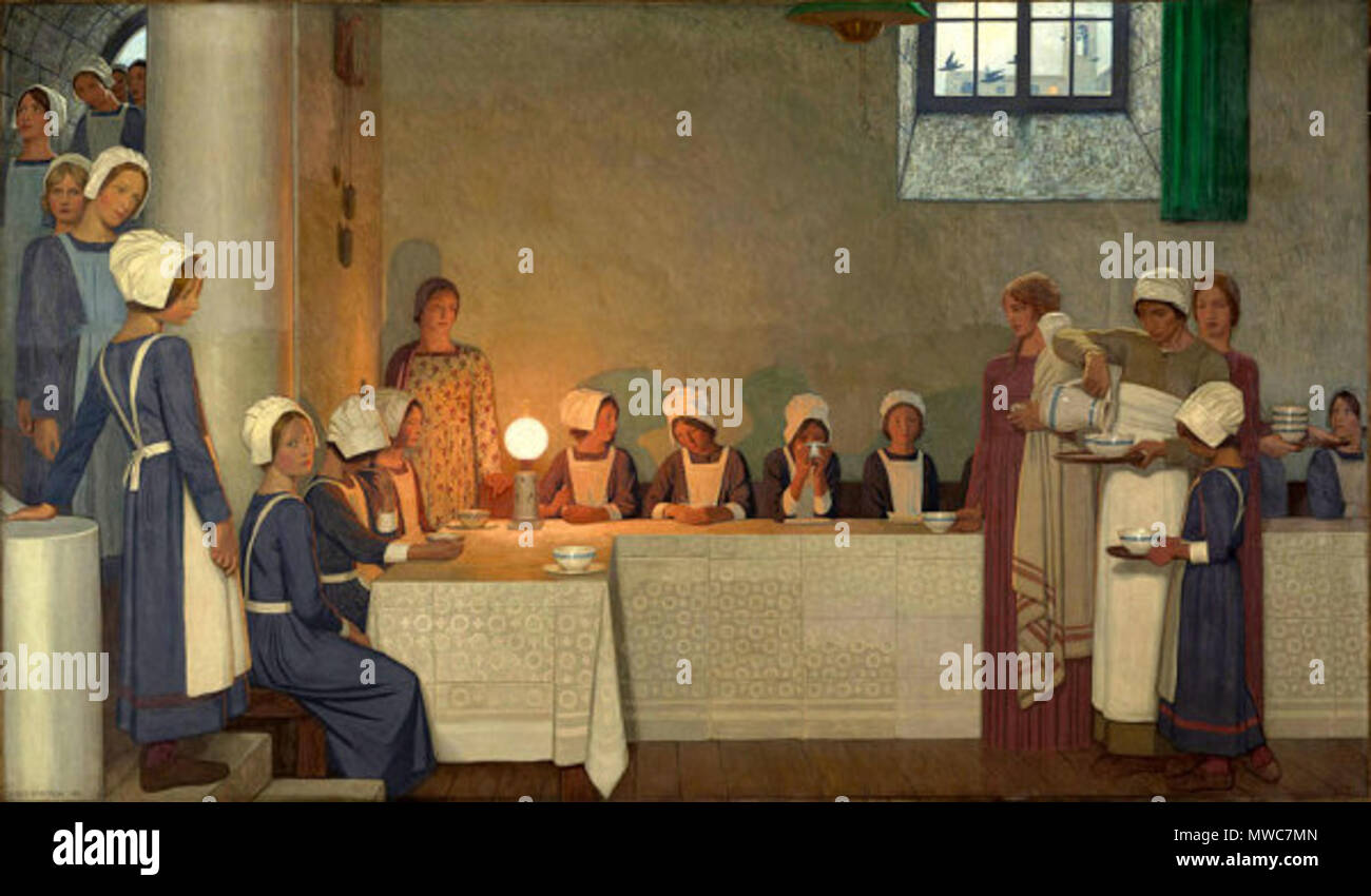 .  English: Acts of Mercy: Orphans I, painting by Frederick Cayley Robinson, 1915, Wellcome Library, London . 1915.    Frederick Cayley Robinson  (1862–1927)     Alternative names Frederic Cayley Robinson; Frederick Robinson Cayley; Cayley Robinson  Description British painter  Date of birth/death 18 August 1862 4 January 1927  Location of birth/death London London  Authority control  : Q3087071 VIAF: 18712191 ISNI: 0000 0000 8204 3768 ULAN: 500009945 LCCN: n86801812 GND: 14250131X WorldCat 219 Frederick Cayley Robinson -Acts of Mercy Orphans I, 1915 Stock Photo