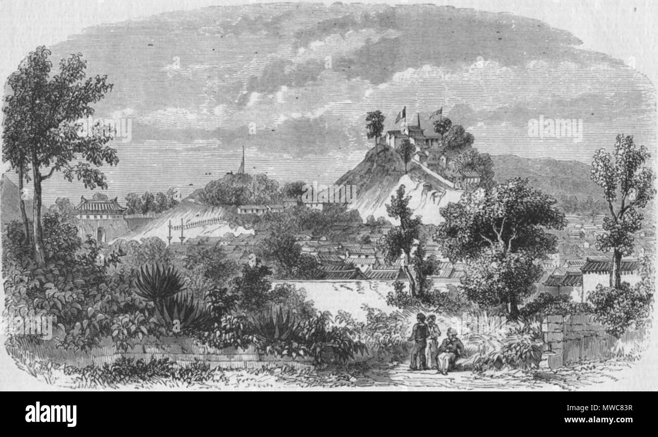 English View Of The French Quarters At Canton From The Gardens 中文 繁體 法軍總部的視野 花園處 1858年 中文 简体 法军总部的视野 花园处 1858年 1858 Illustrated Times 221 French Quarters At Canton 1858 Stock Photo Alamy