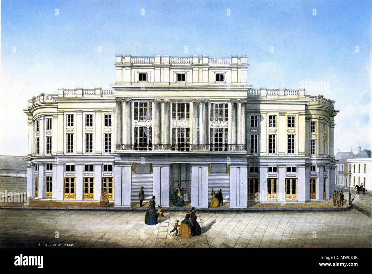 . New Orleans: French Opera House. 19th century view by painter Marie Adrien Persac (1823-1873). Height: 40.32 cm (15.88 in.), Width: 59.69 cm (23.5 in.) This is a view of the building's front on Bourbon Street. Due to the restrictions of trying to photograph the building fronting a somewhat narrow street, it is more commonly seen from the side or views from the next corner. 1859. Marie Adrien Persac (1823-1873) 221 FrenchOperaHouseFrontPersac Stock Photo