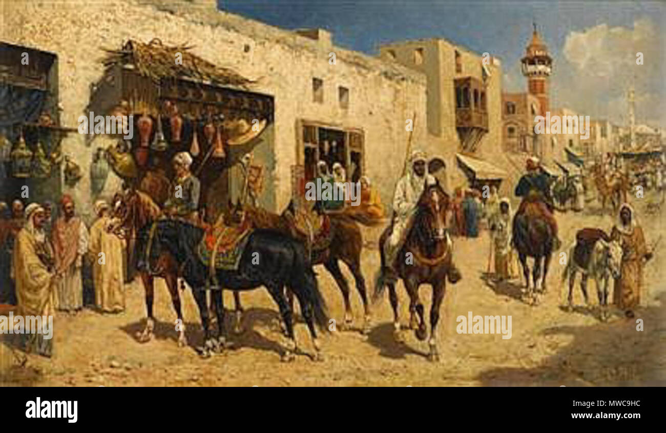 . Arab Horsemen in a busy Street . before 1900. Giuseppe Gabani 232 Gabani-giuseppe-1846-1900-ital-arab-horsemen-in-a-busy-street Stock Photo