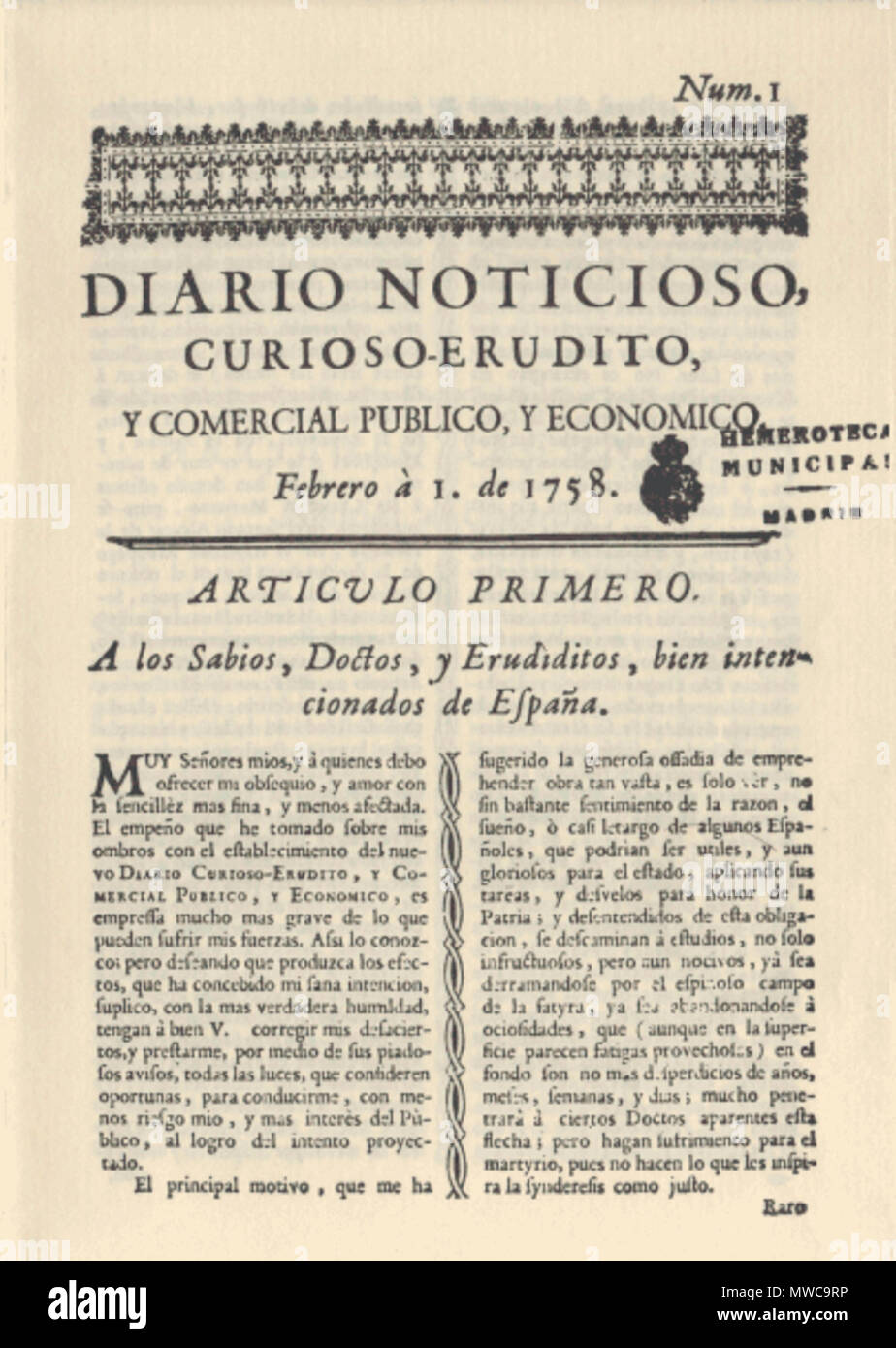 Front page of the 'Diario de Madrid', No. 128, Saturday, May 7, 1808,  published in Madrid Stock Photo - Alamy