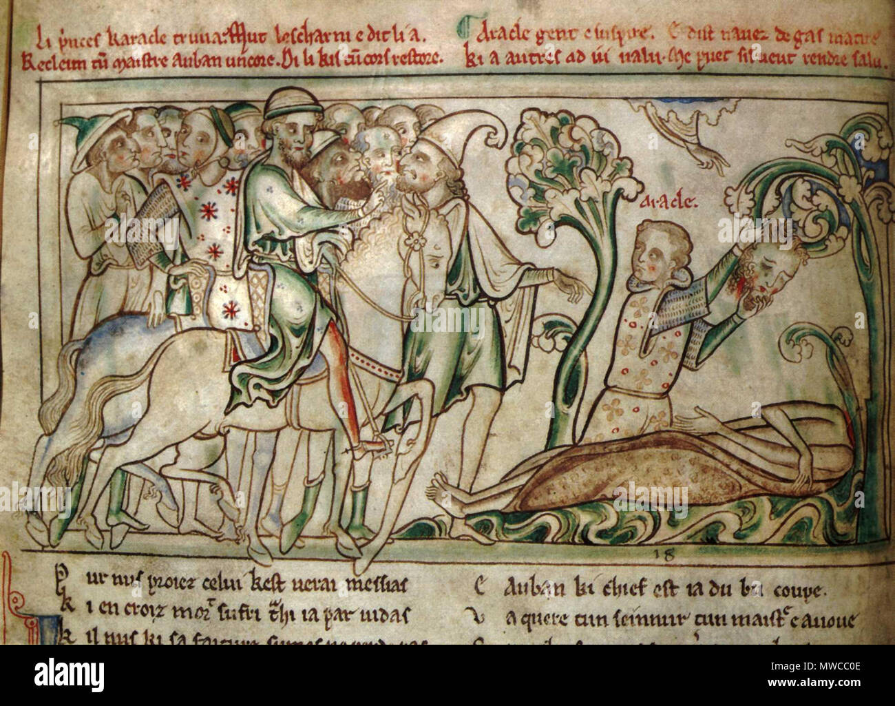 . Heraclius takes down St. Alban's head from a 13th Century manuscript of The Life of St. Alban  . Scanned and slightly cropped from: Richard Marks and Nigel Morgan, The Golden Age of English Manuscript Painting, 1200-1500. 172 DublinTrinityCollegeMSEi40LifeAlbanFol38vHeracliusTakesDownAlbansHead Stock Photo