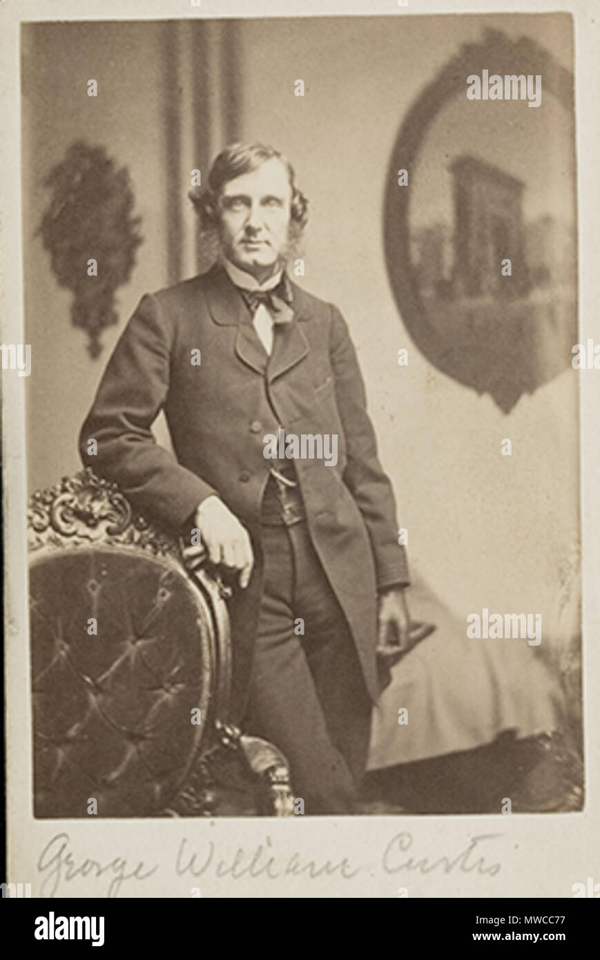 . Title: George William Curtis (1824-1892). Work Type: photograph; carte-de-visite. Creator: Whipple, John Adams (1822 - 1891), American. Date: 1860-1864. Dimensions: sight: 10 x 6 cm (3 15/16 x 2 3/8 in.). Materials/Techniques: Albumen silver print on card. Repository: Harvard Art Museum. between 1860 and 1864. John A. Whipple 240 GeorgeWilliamCurtis 1860s byJAWhipple Harvard Stock Photo