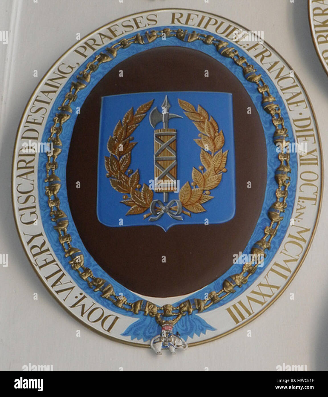 . English: Stall plate of Valery Giscard d'Estaing, President of France, as a Knight of the Order of the Elephant . 28 August 2013, 19:20:43. Jorgen Pedersen 246 Vgearms2 Stock Photo