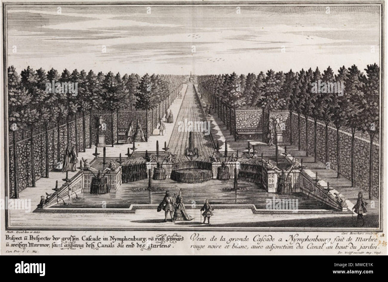 . Deutsch: Kanal und Kaskade im Nymphenburger Schlosspark. Radierung, 30 x 39 cm. by 1724. Jeremias Wolff (1663–1724) after Matthias Gisel 246 Gisel-Wolff Nymphenburg Cascade Stock Photo