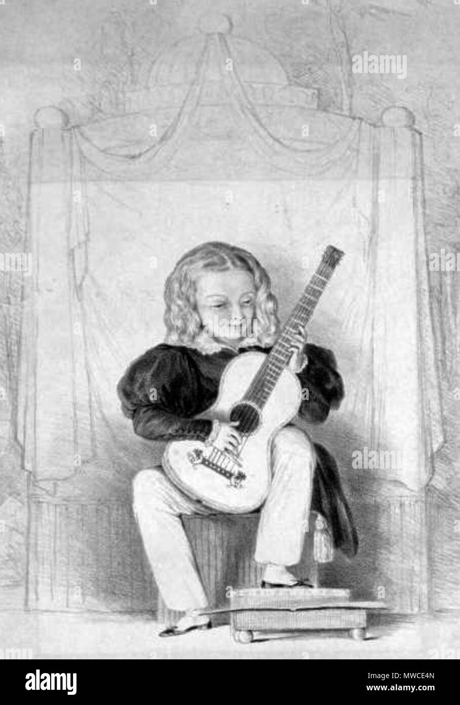 . English: Italian classical guitarist and composer Giulio Regondi (1822-1872) appearing as a child prodigy at the Royal Adelphi Theatre in London on 3 September 1831. 19th century. Unattributed 246 Giulio Regondi at the Royal Adelphi Theatre, London, 1831 Stock Photo