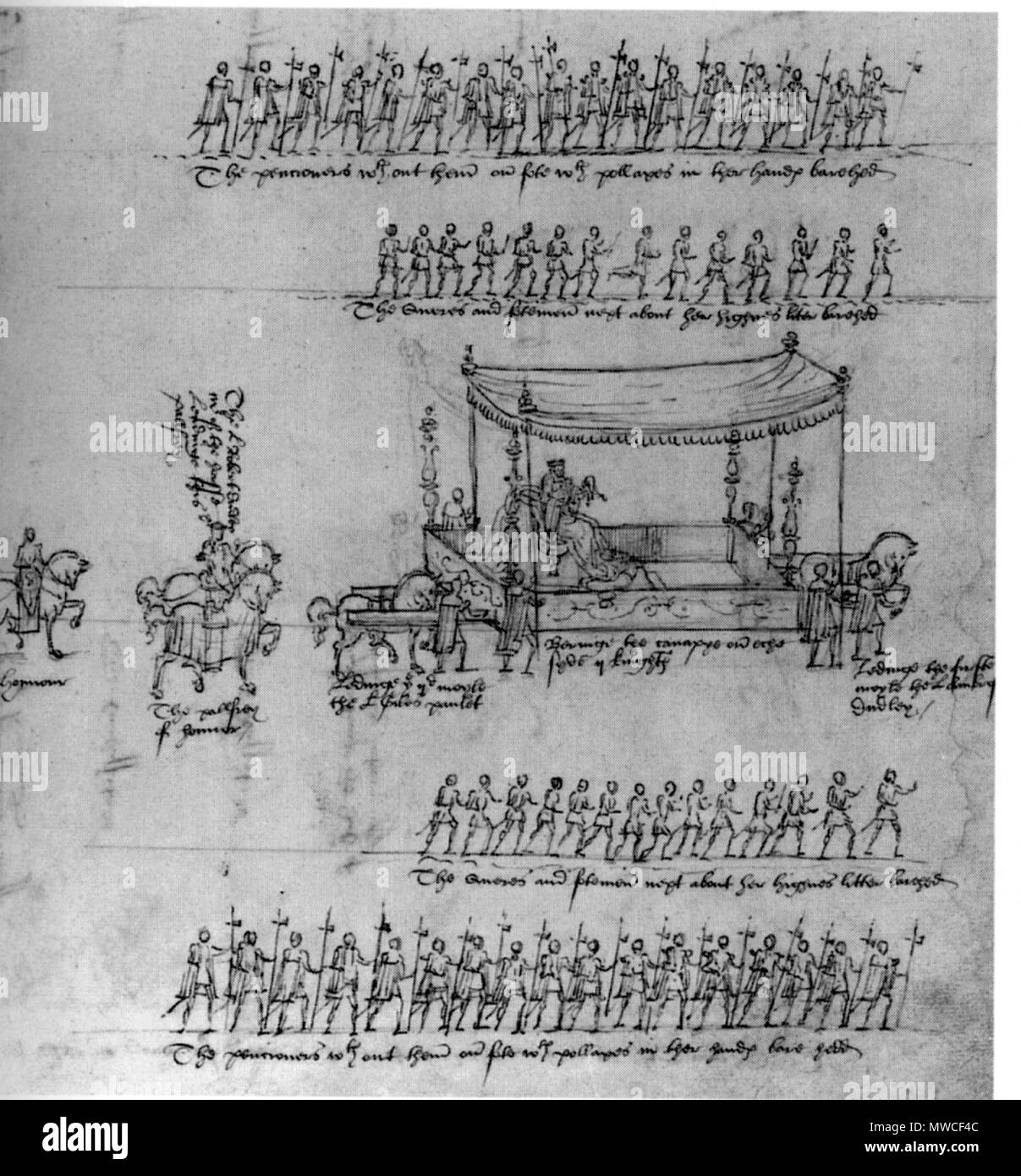 . English: Sketch of coronation procession of Elizabeth I of England, as if seen from above, in bird's perspective. Participants are described in contemporary handwriting. circa 1559. Unknown 184 Elizabeth I coronation procession bird perspective Stock Photo